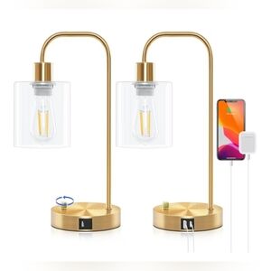 Gold Industrial 3-Way Dimmable Touch Control Table Lamps w/ USB Ports (Set of 2)